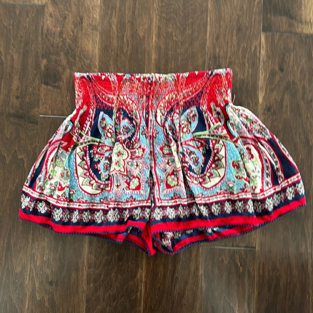 Patrons of Peace red patterned skort.  Smock waist.